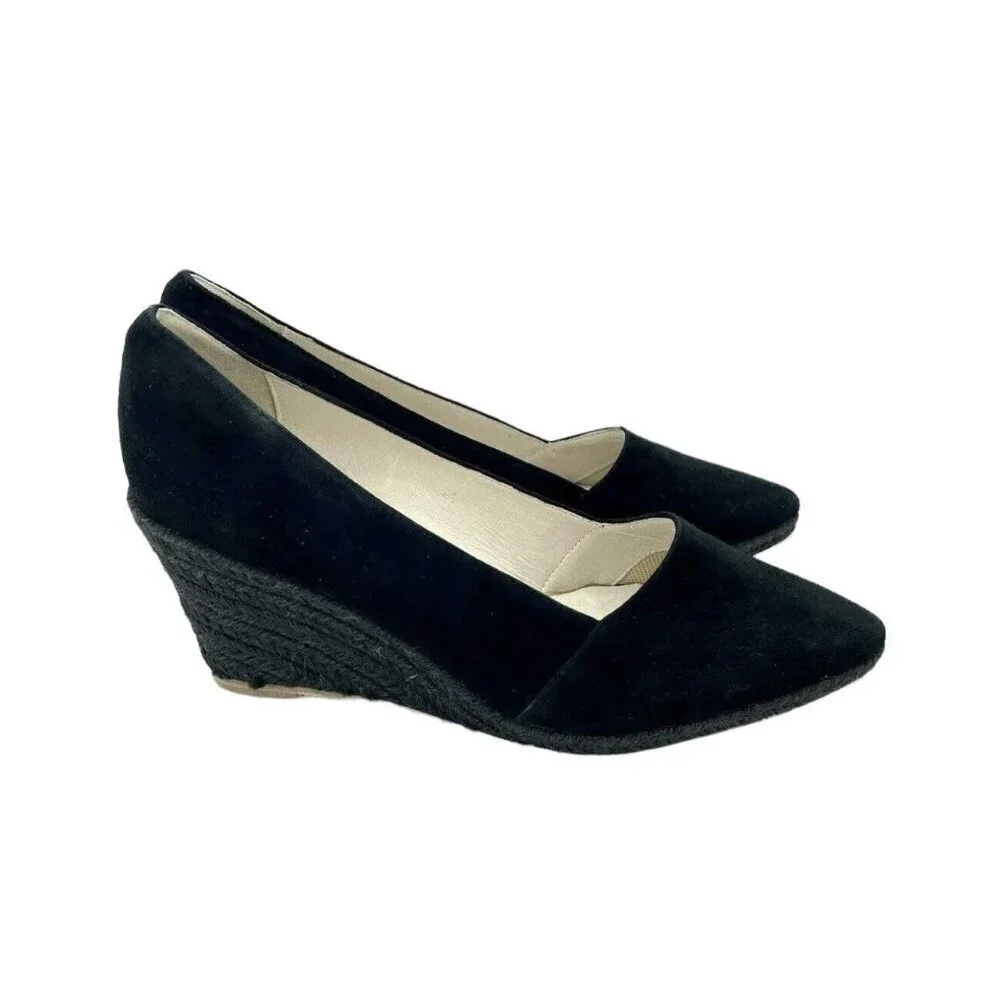 Atelier Mercadal Greta Wedge Espadrilles Black Suede Leather Shoes SZ 41 EU NIB